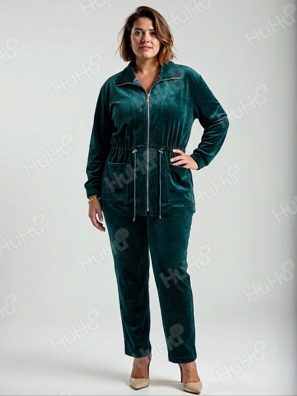 Velvet Drawstring Jacket and Straight-Leg Pants in Deep Teal Sz 14W